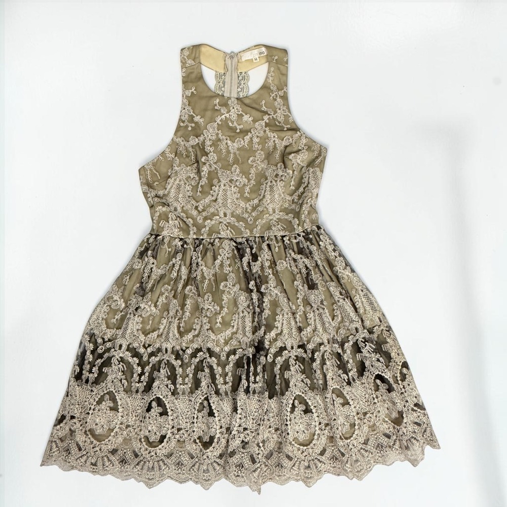 Bambina Gold Lace Halter Mini Dress Champagne Floral Embroidery ID8547 Medium